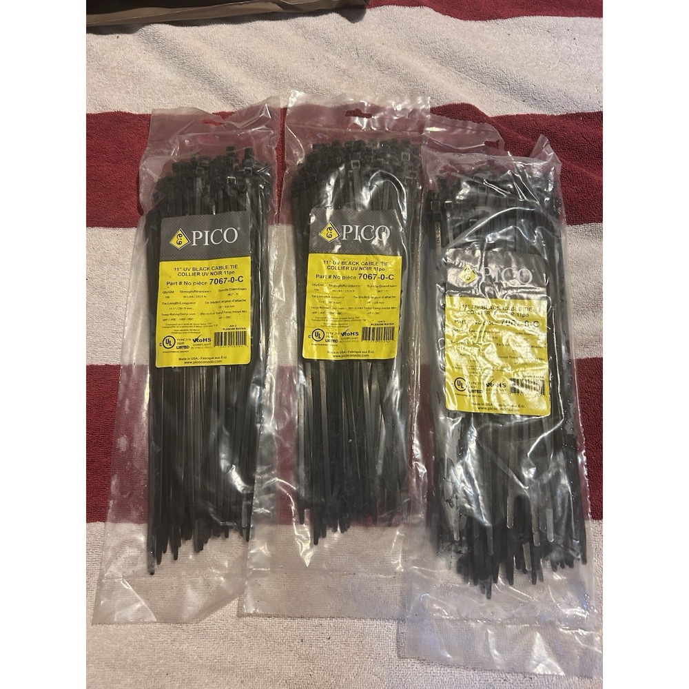 Pico 11" UV Black Cable Tie Zip Tie 300! Three Packs! Black! New